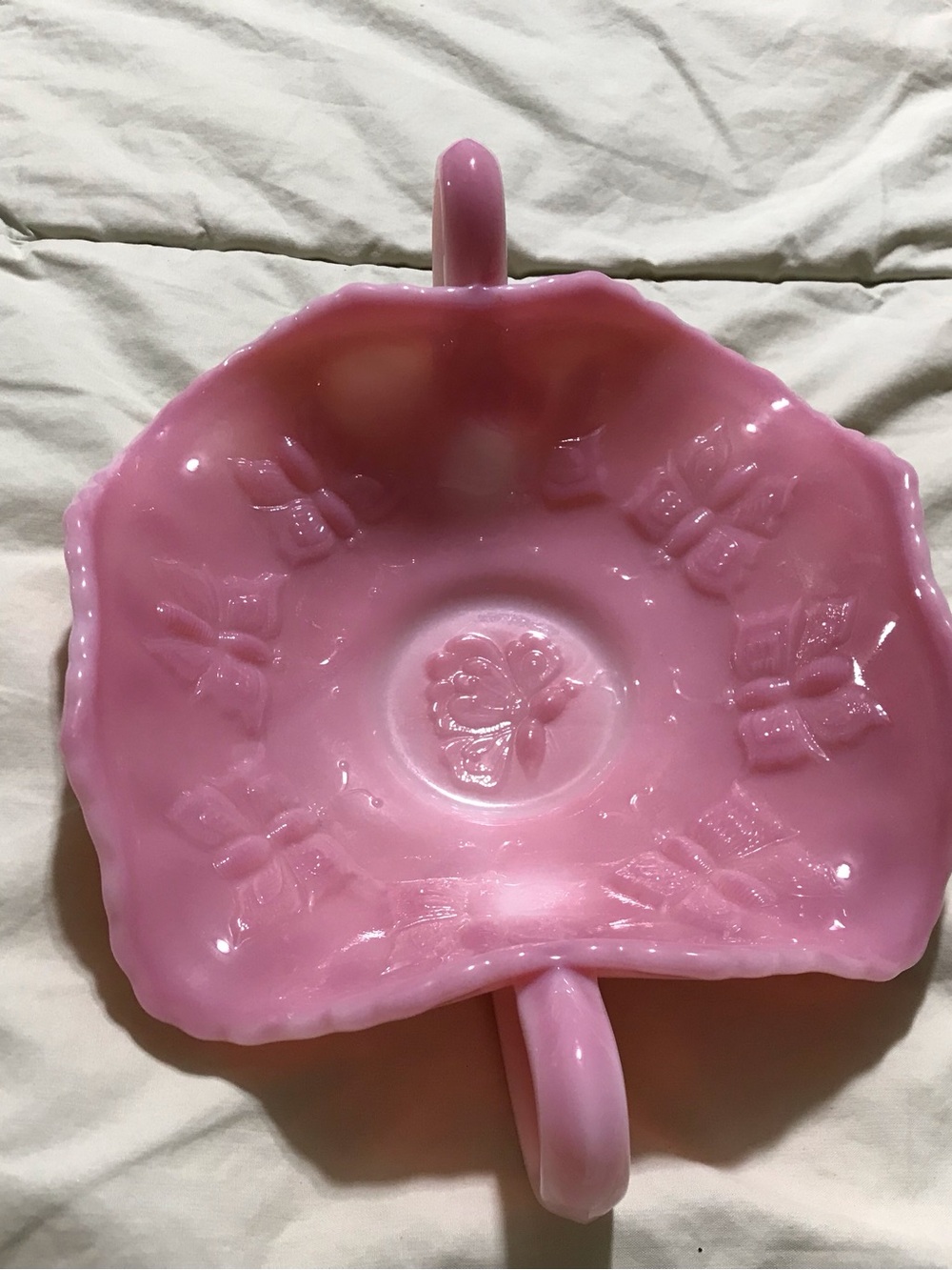 Vintage Fenton Pink Butterfly Dish with Handles